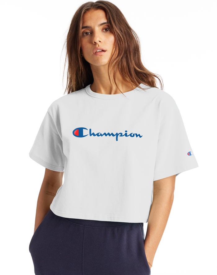 Champion T-Shirt Dames - Wit - Heritage Cropped Script Logo ( 124059-NJE )